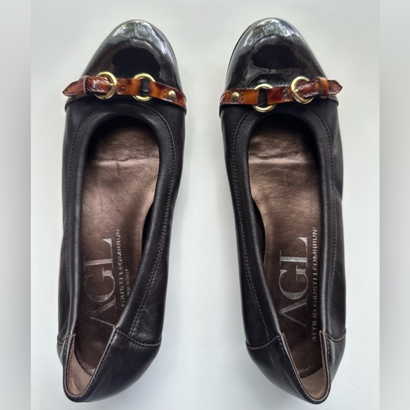 AGL Attilio Giusti Leombruni Ballet Flats Brown Leather Patent Cap Toe Size 37.5 - Picture 1 of 4